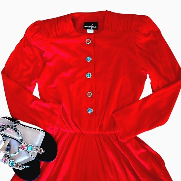 VTG 80s Red Colorful Jeweled Button Top Midi Party Dress 9/ 10 *Fits like Med - Picture 2 of 13